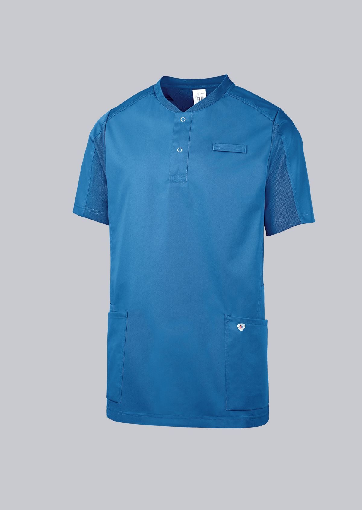 BP unisex zorgtuniek in azuurblauw met piqué-inzetstukken en hoog draagcomfort