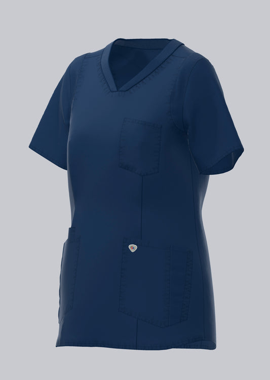 BP lichte dames zorgtuniek in nachtblauw met stretch en moderne pasvorm voor zorgprofessionals