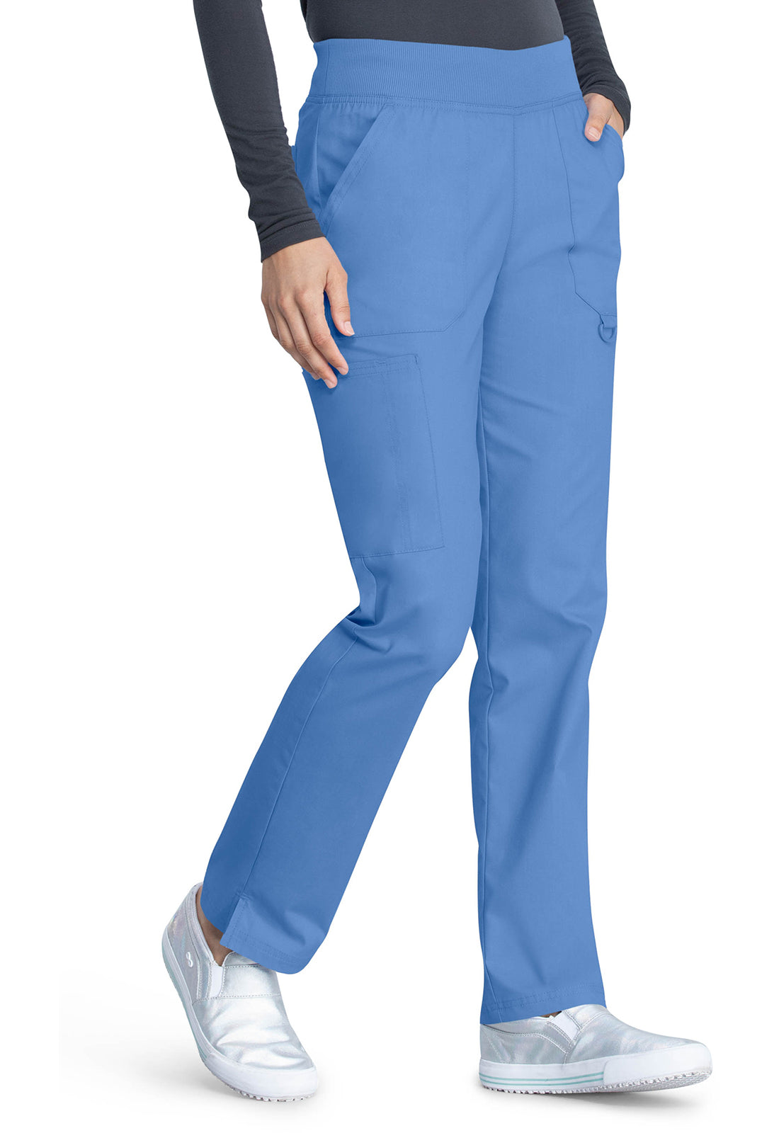 Pull-on broek met middelhoge taille en taps toelopende pijpen met elastische tailleband en cargozakken