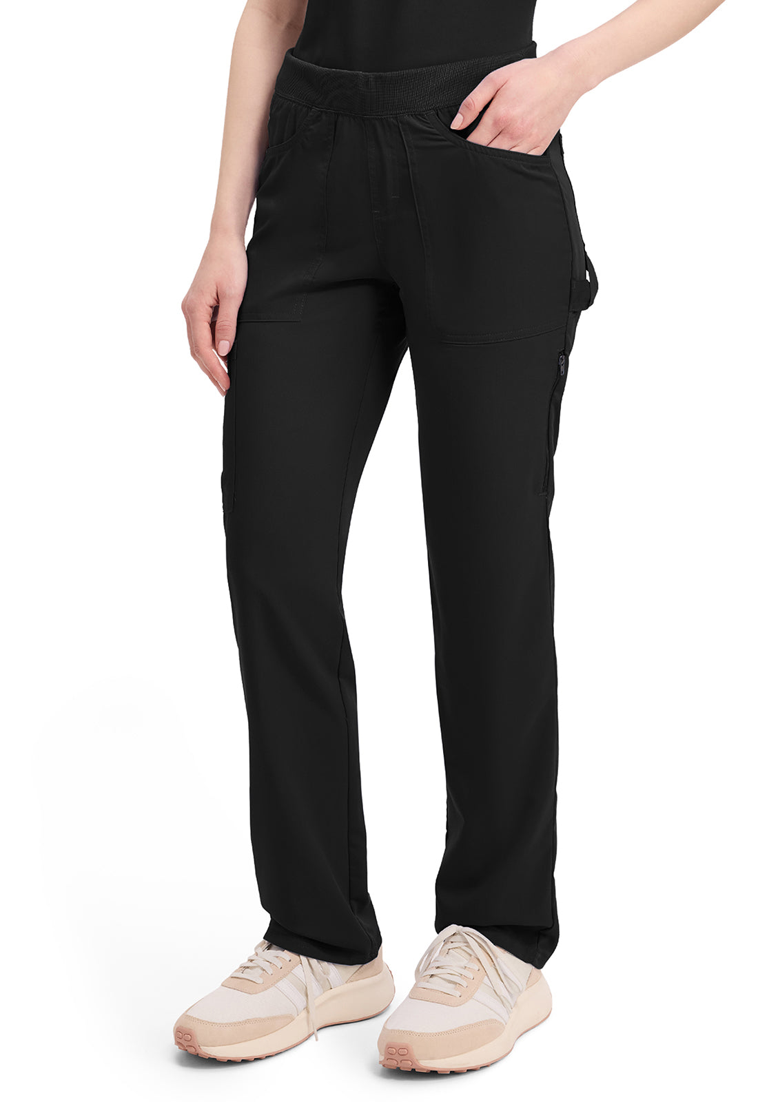 Mid-rise taps toelopende pull-on broek dames met elastische tailleband en stretchstof