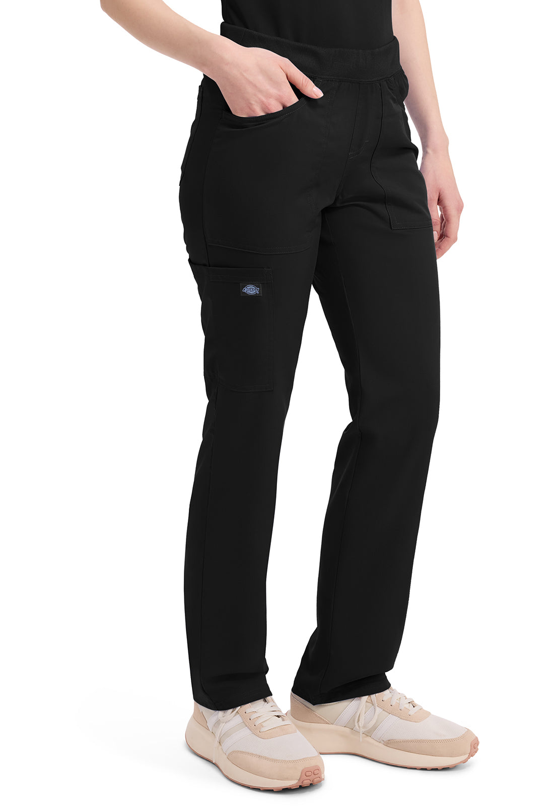 Mid-rise taps toelopende pull-on broek dames met elastische tailleband en stretchstof
