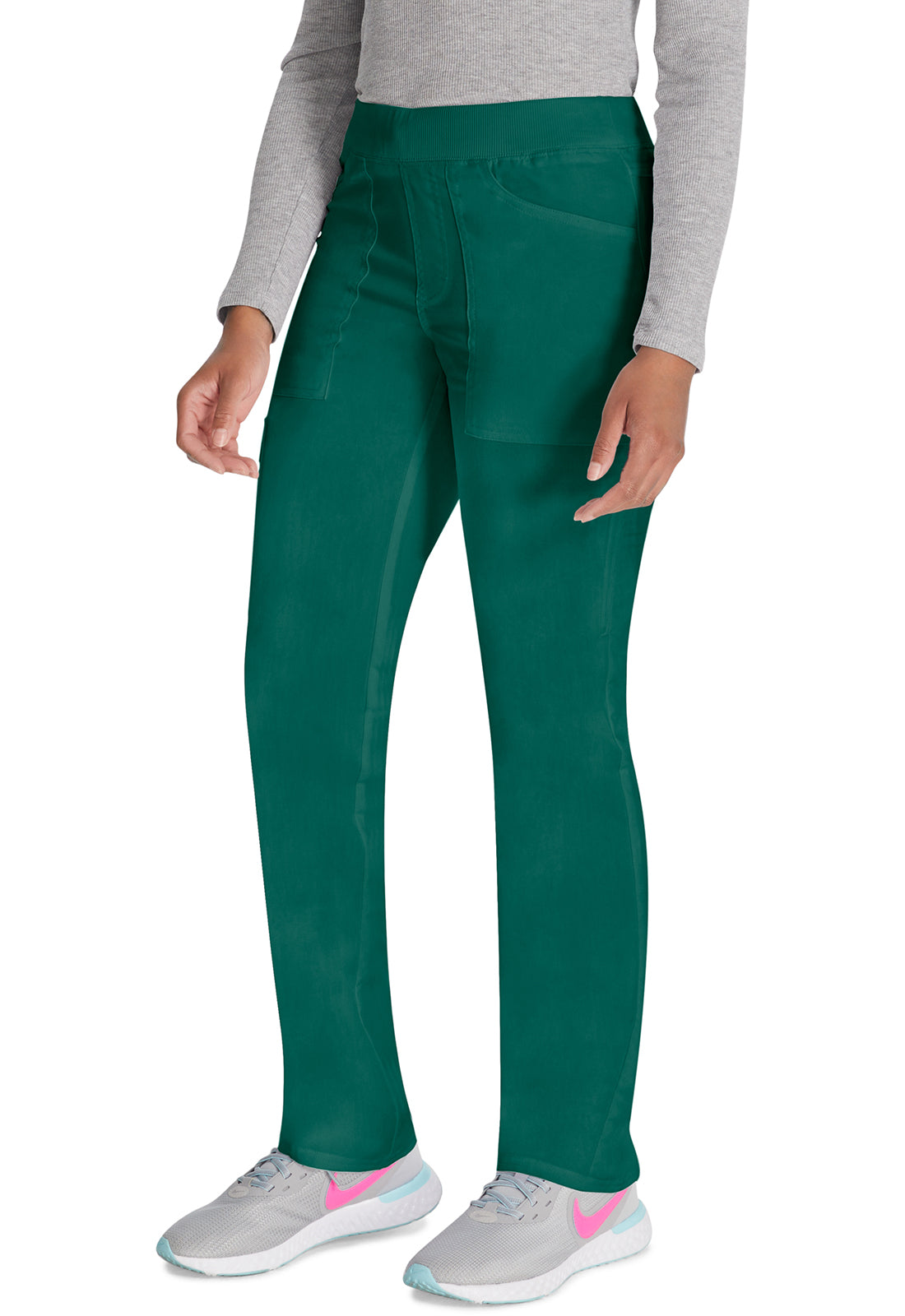 Mid-rise taps toelopende pull-on broek dames met elastische tailleband en stretchstof