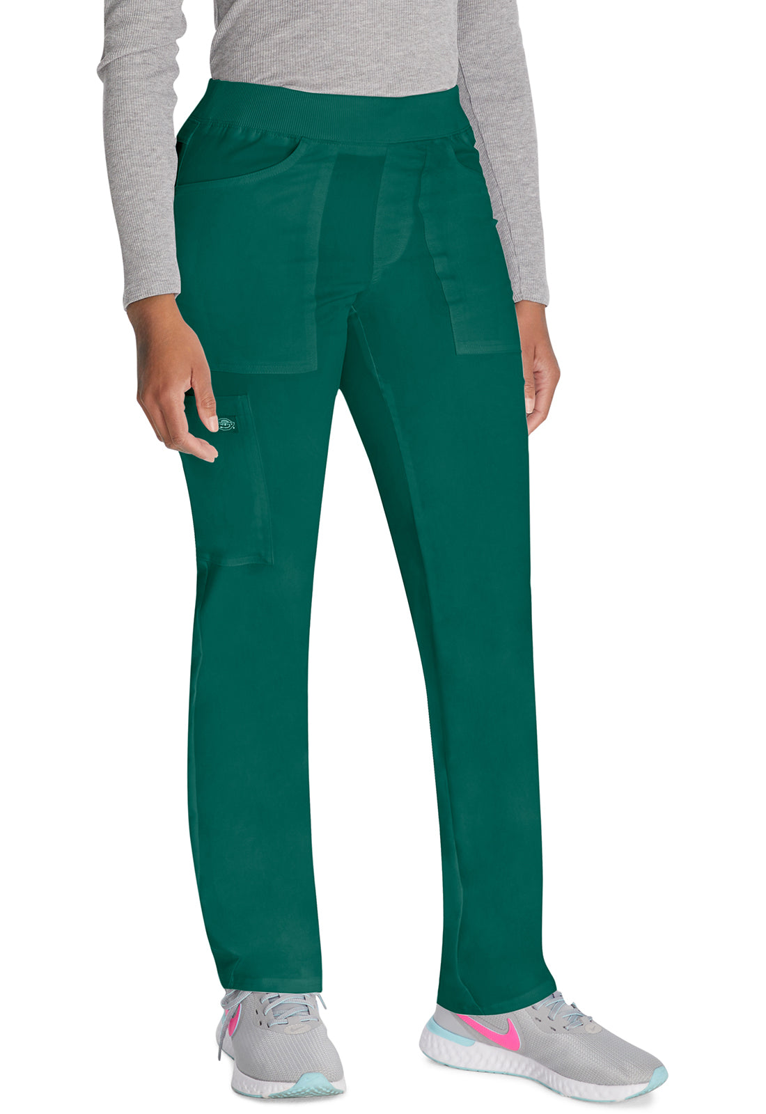 Mid-rise taps toelopende pull-on broek dames met elastische tailleband en stretchstof