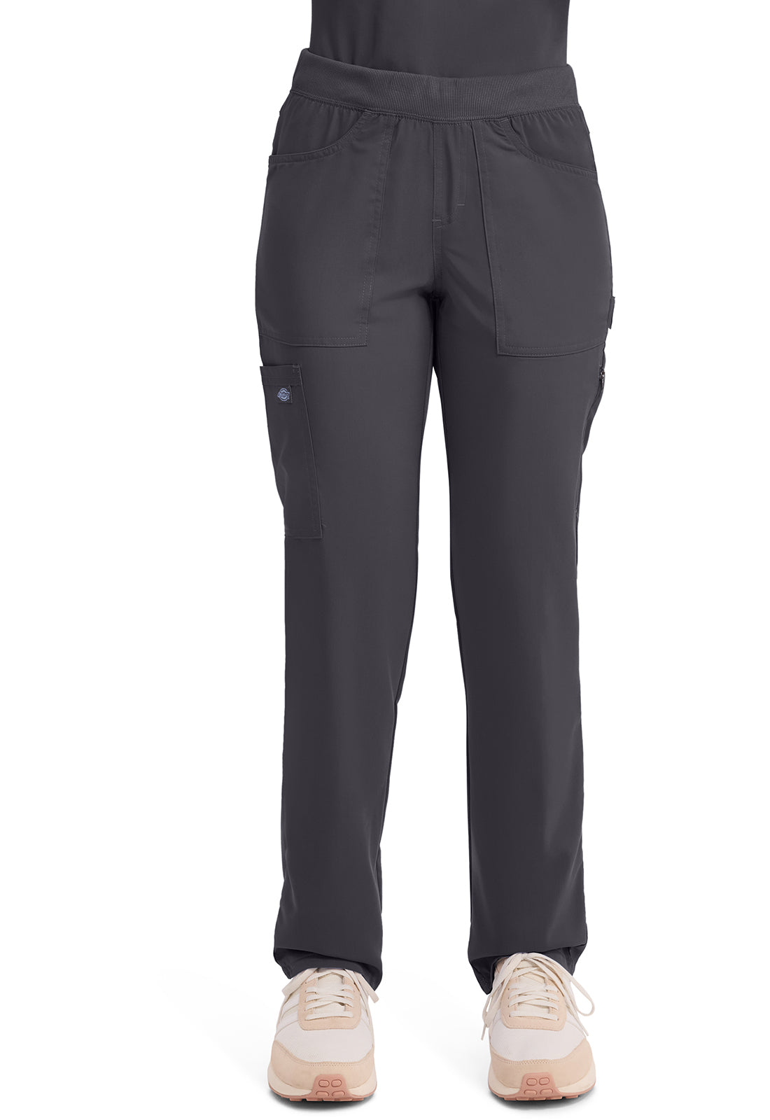 Mid-rise taps toelopende pull-on broek dames met elastische tailleband en stretchstof