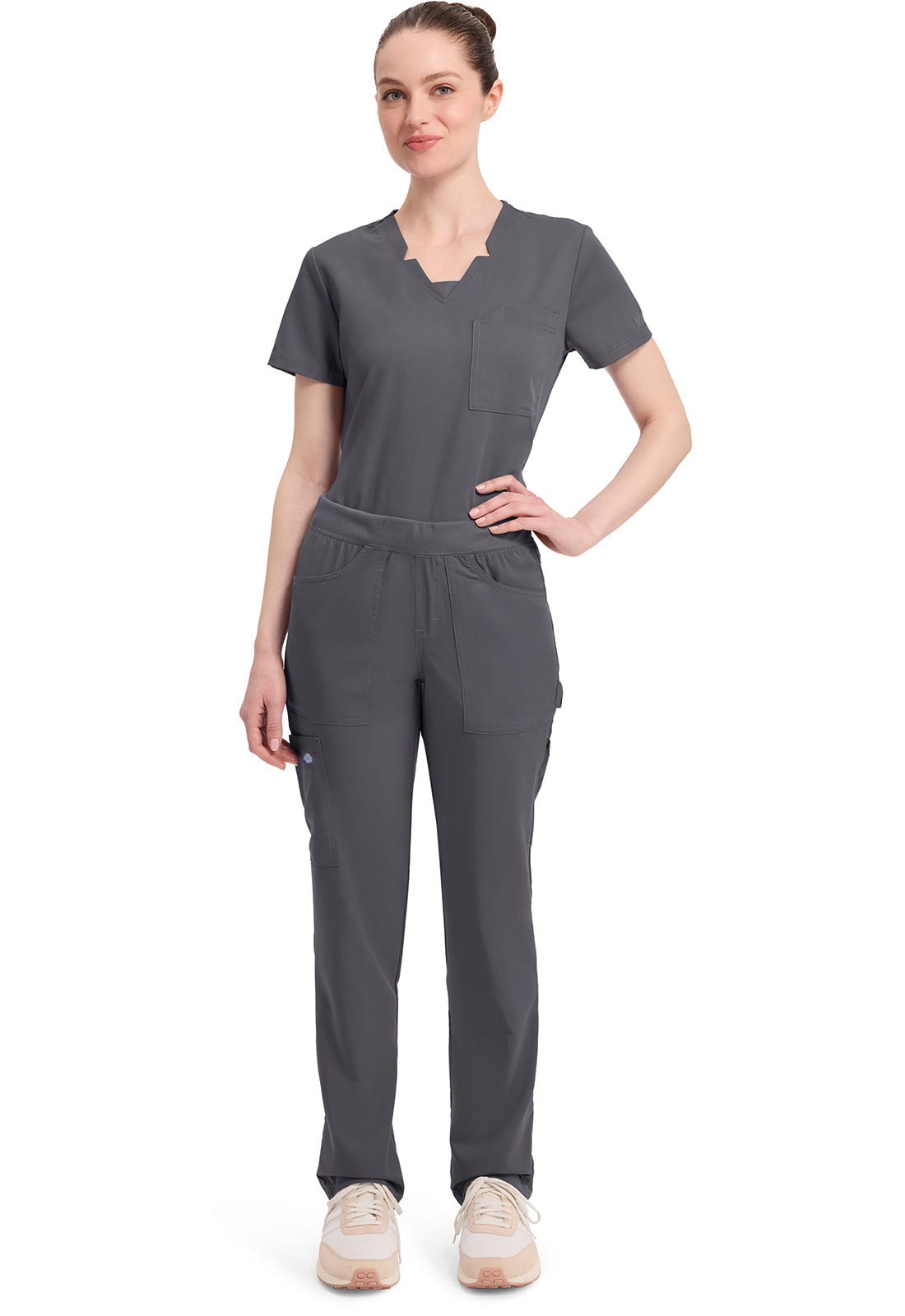 Mid-rise taps toelopende pull-on broek dames met elastische tailleband en stretchstof
