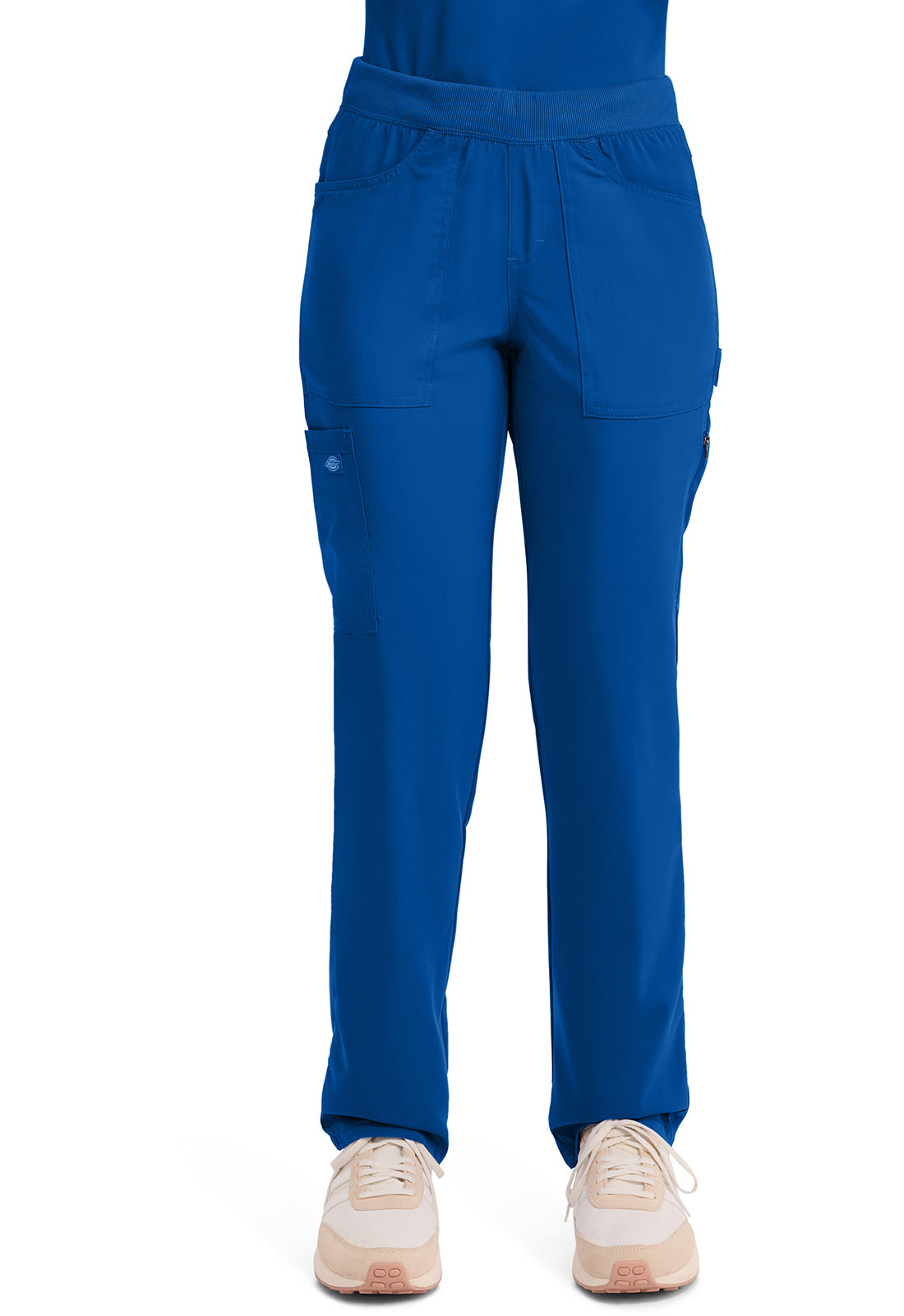 Mid-rise taps toelopende pull-on broek dames met elastische tailleband en stretchstof