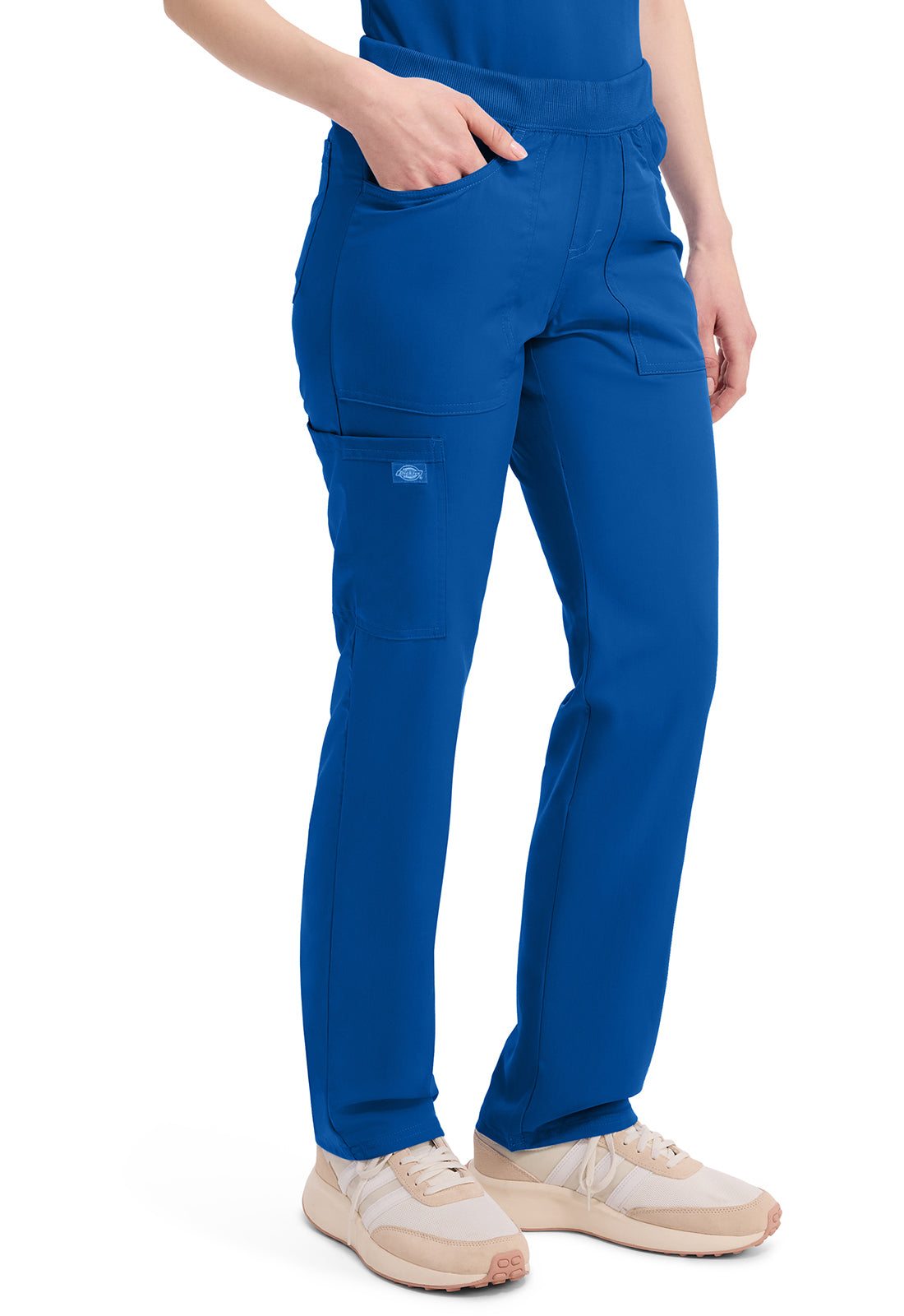 Mid-rise taps toelopende pull-on broek dames met elastische tailleband en stretchstof