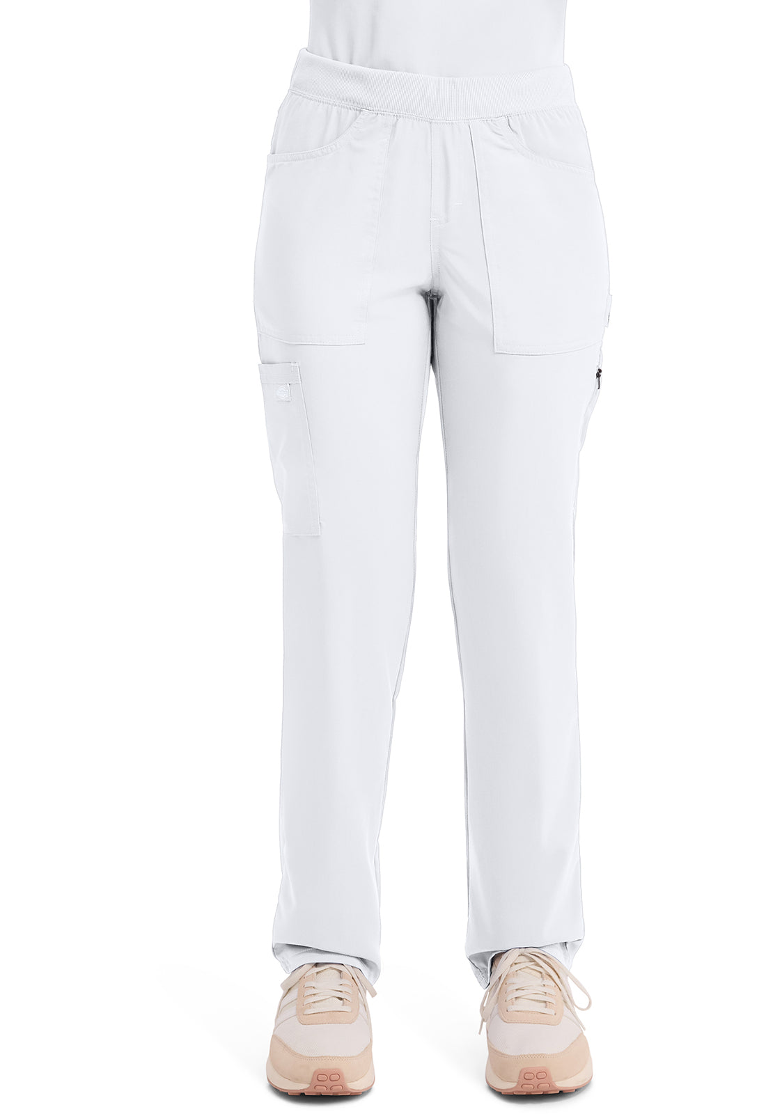 Mid-rise taps toelopende pull-on broek dames met elastische tailleband en stretchstof