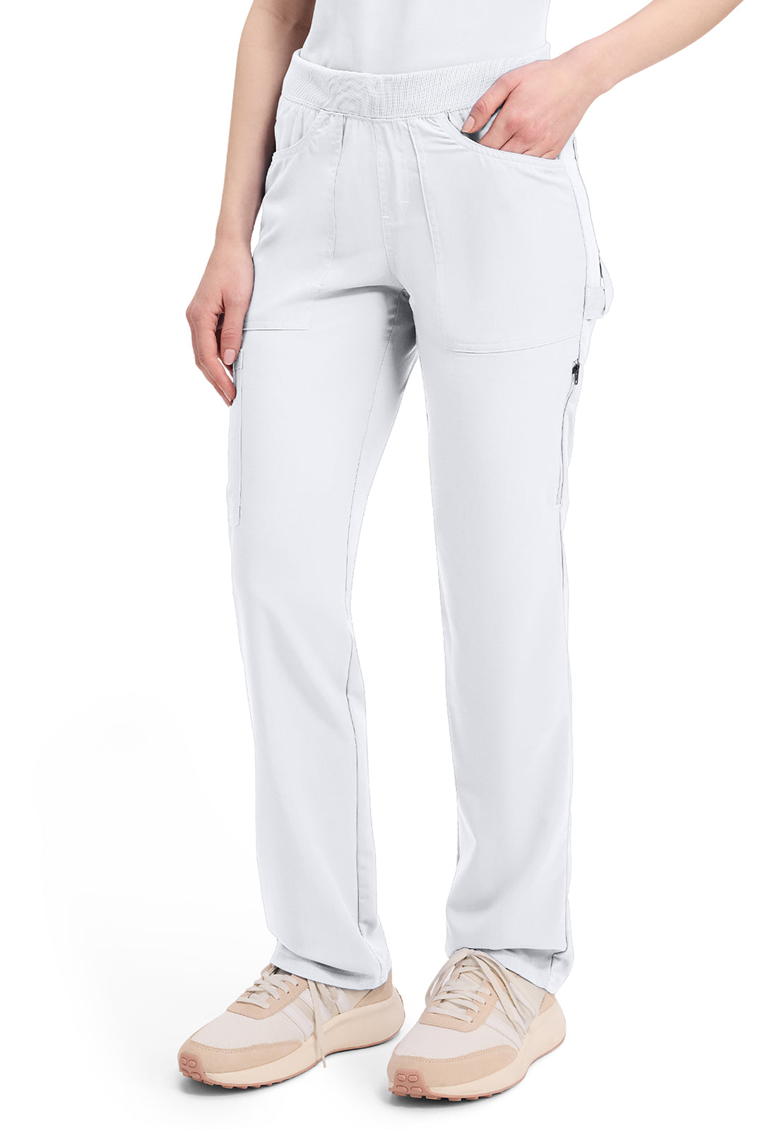 Mid-rise taps toelopende pull-on broek dames met elastische tailleband en stretchstof