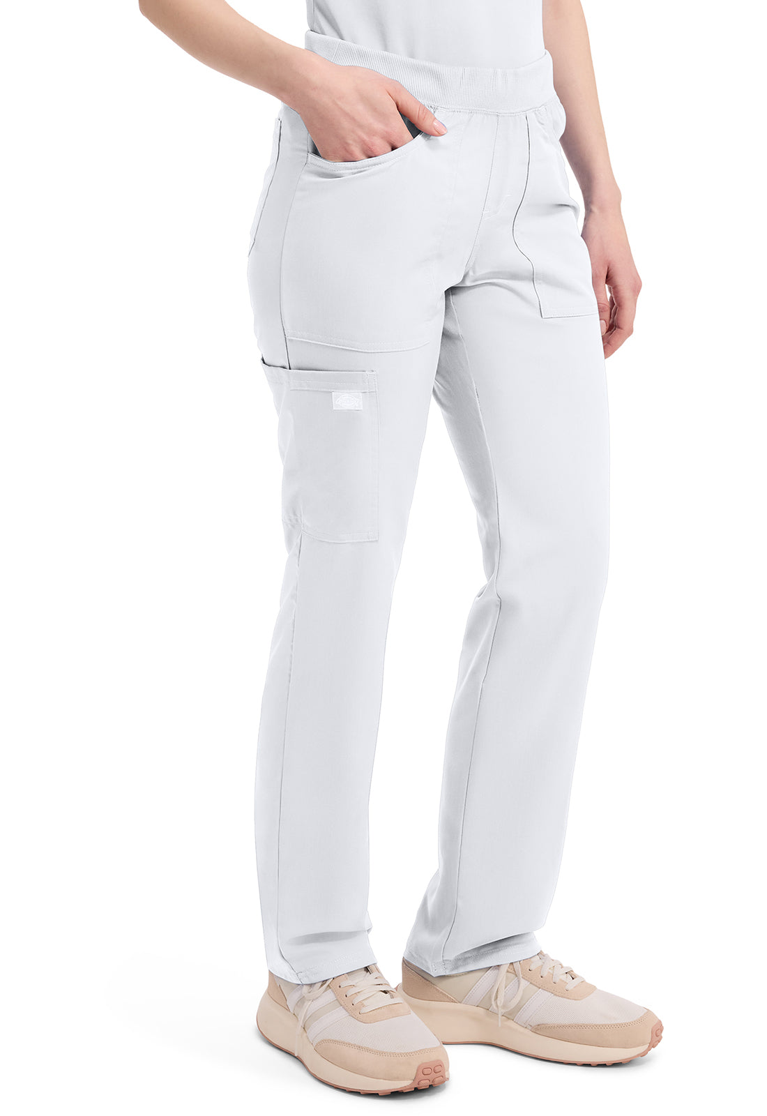 Mid-rise taps toelopende pull-on broek dames met elastische tailleband en stretchstof