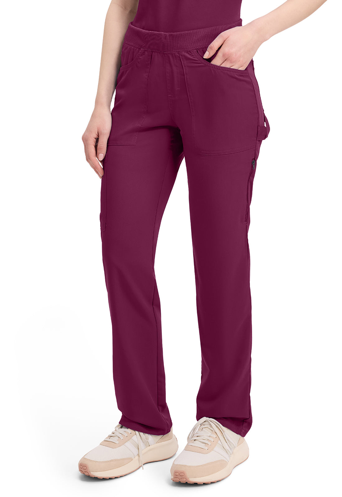 Mid-rise taps toelopende pull-on broek dames met elastische tailleband en stretchstof