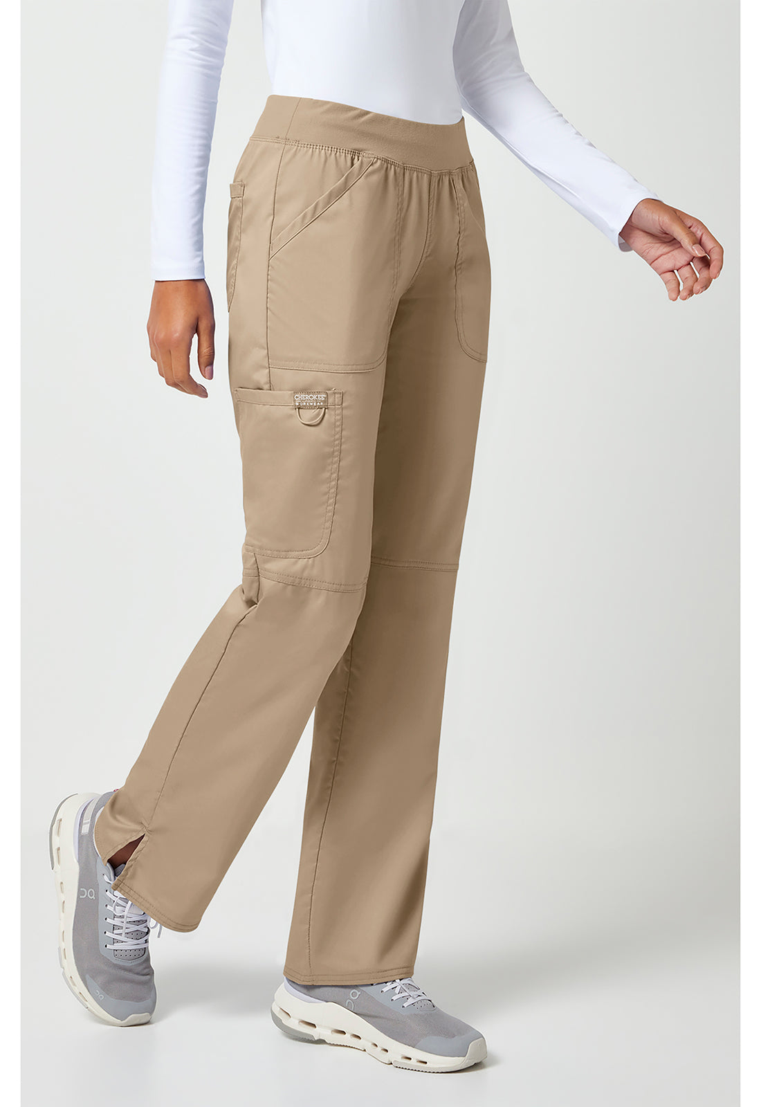 Pull-on broek met middelhoge taille en rechte pijpen met elastische tailleband en cargozak WWE110