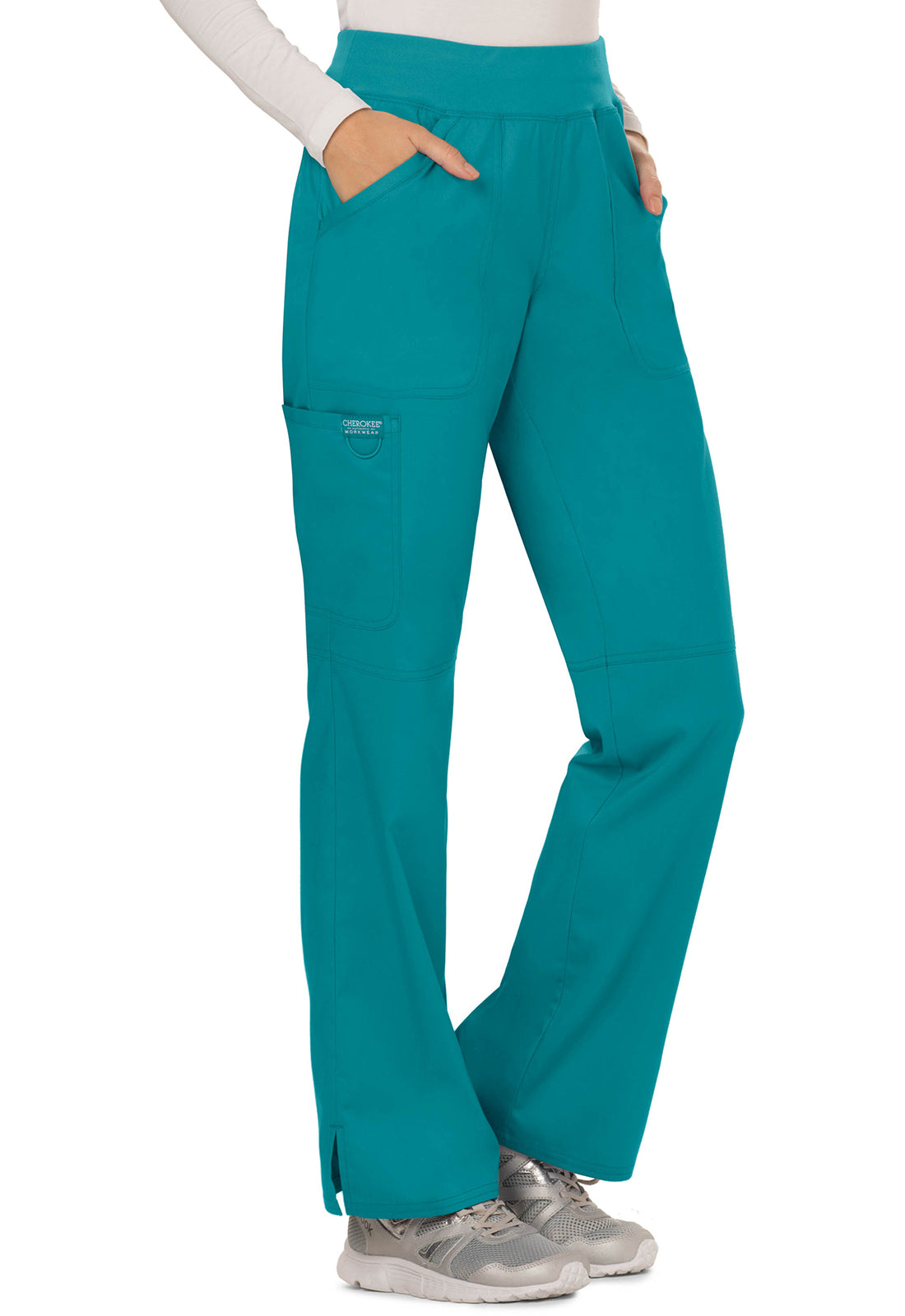 Pull-on broek met middelhoge taille en rechte pijpen met elastische tailleband en cargozak WWE110