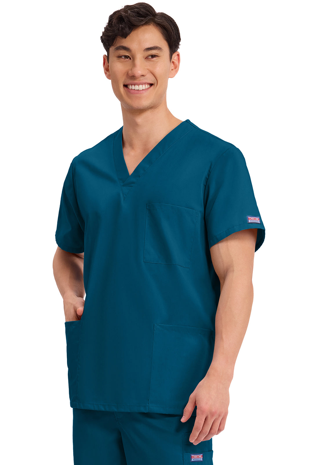 Unisex V-hals top met traditionele pasvorm en borstzak WWE4876