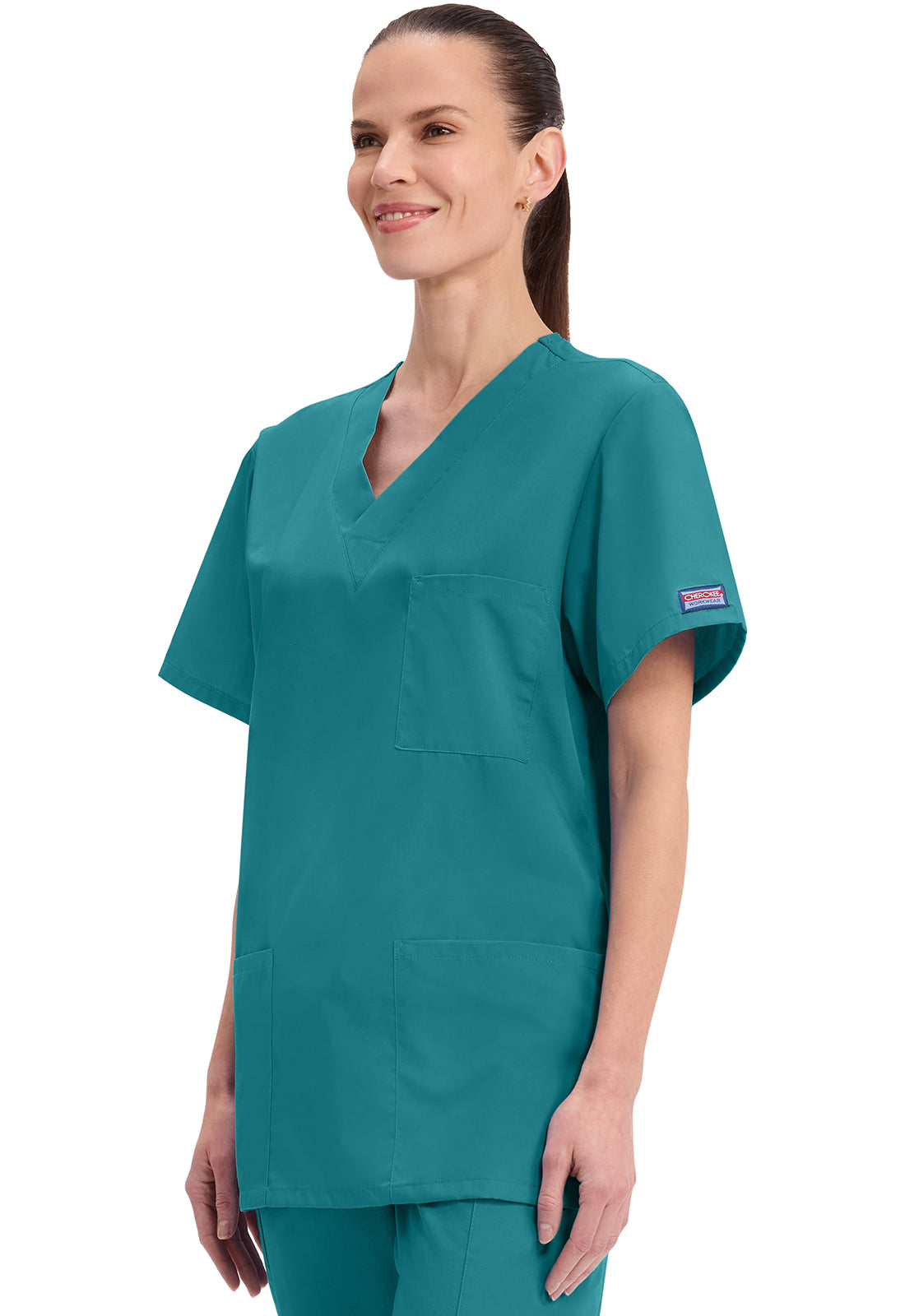 Unisex V-hals top met traditionele pasvorm en borstzak WWE4876