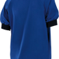 Achteraanzicht van Alsico Andreas blauw unisex zorgshirt met zwarte boorden